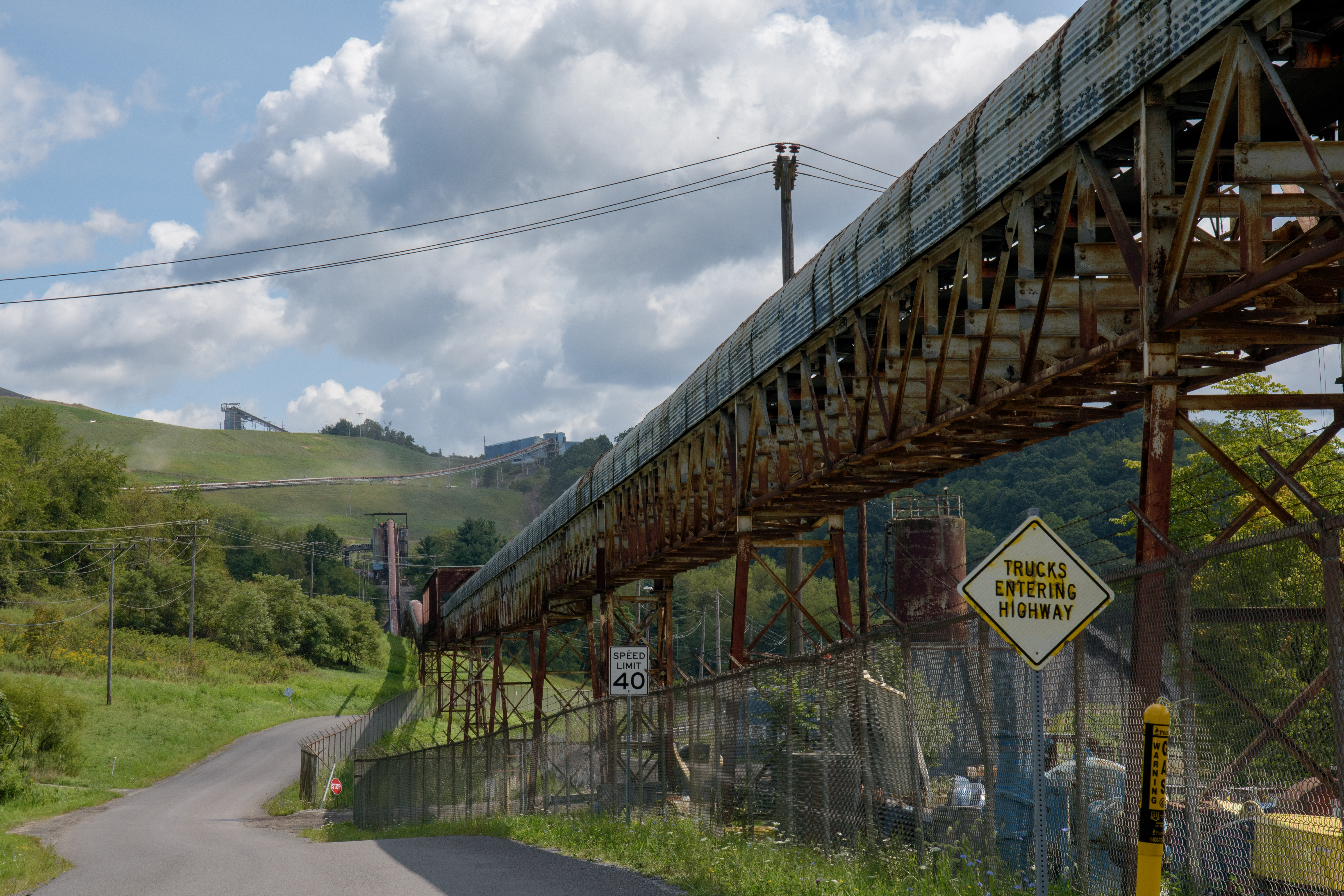 A conveyor belt carrying waster from the Cumberland Mine preparation plant in Kirby, PA to a gob pile.